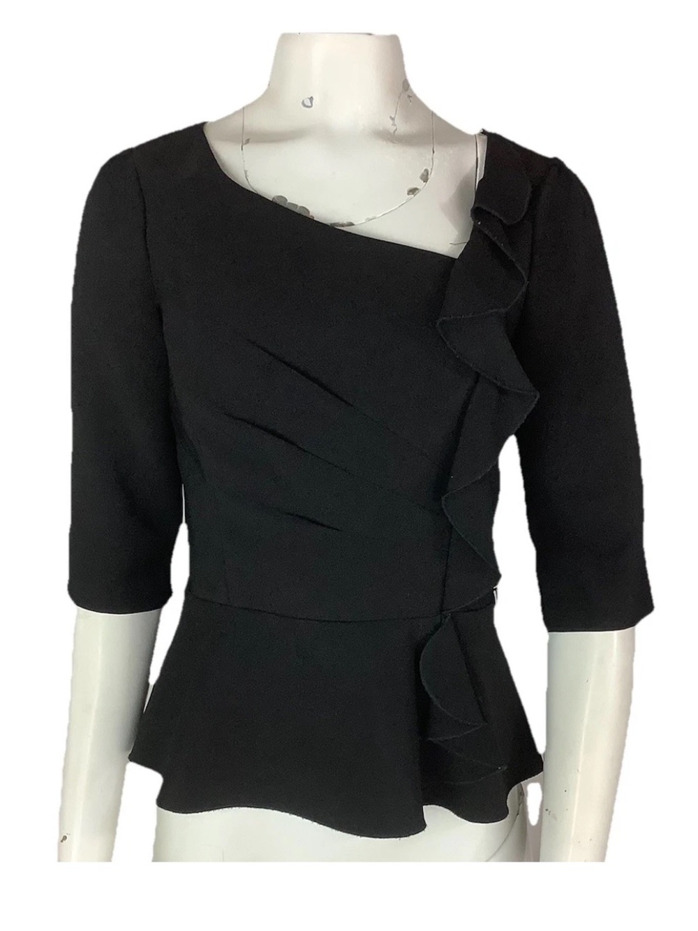 WHBM Sz 6 Peplum Hem Side Ruffled Asymmetric Business Office Blouse Black